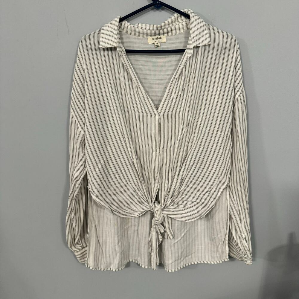 Umgee USA Railroad Stripe V-Neck Front Knot Top Women's Size Medium